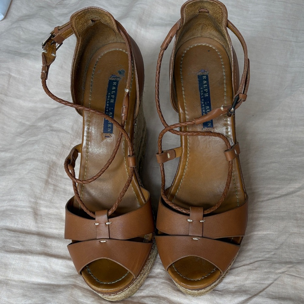Ralph Lauren Tan Leather Braided Wedge Sandals